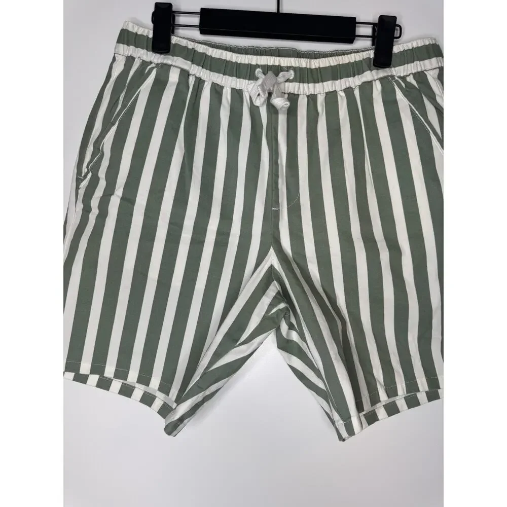 Asos Pull On Shorts Mens 34 Green Striped Drawstring Stretch Elastic Waist 8”